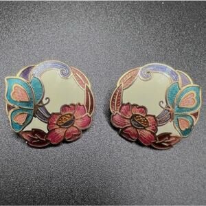 Vintage Gold Tone Cloisonné Earrings with Butterfly/Floral Design